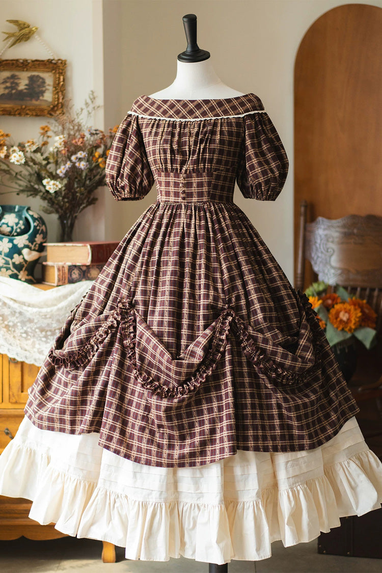 Dark Red [Forest Picnic] Boat Neck Short Sleeves Printed Lift-Hem Ruffled Classic Vintage Elegant Lolita Dress
