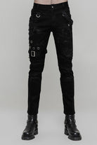 Black Metal Ring Buckles Stitching Mesh Men's Steampunk Pants