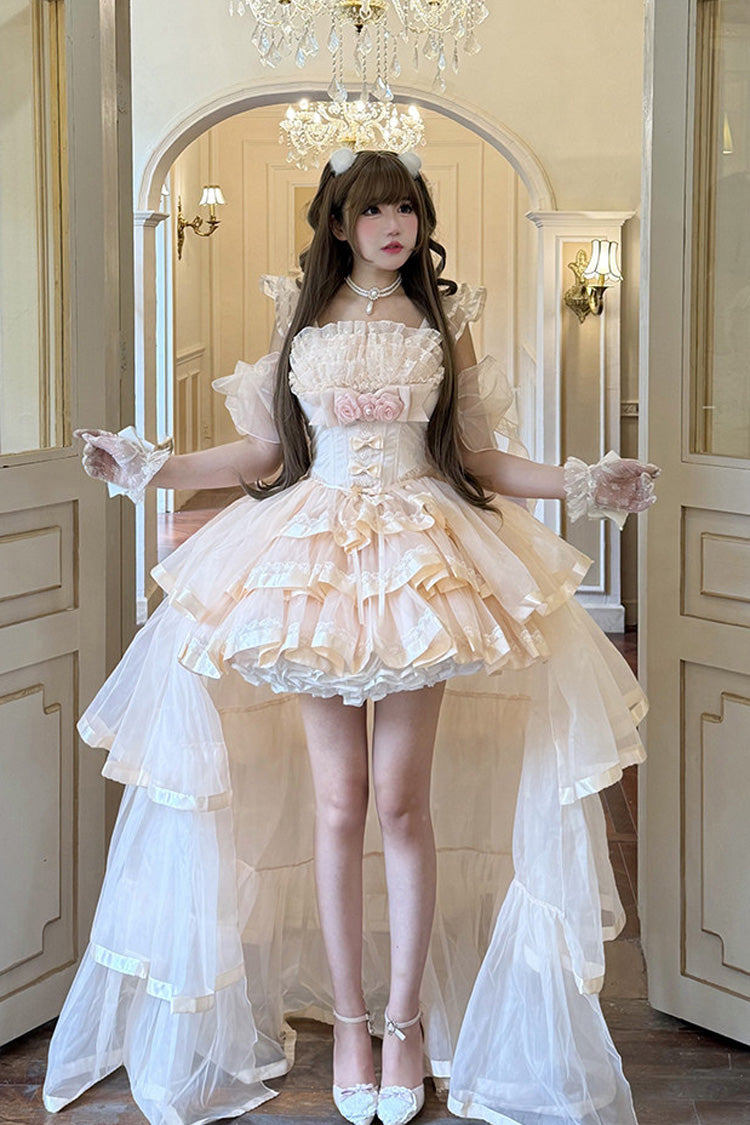 Pink [Mousse Love Song] Off Shoulder Sleeveless Triple-Layered Ruffled Hanayome Bow Sweet Elegant Ballet Lolita Short Dress Set