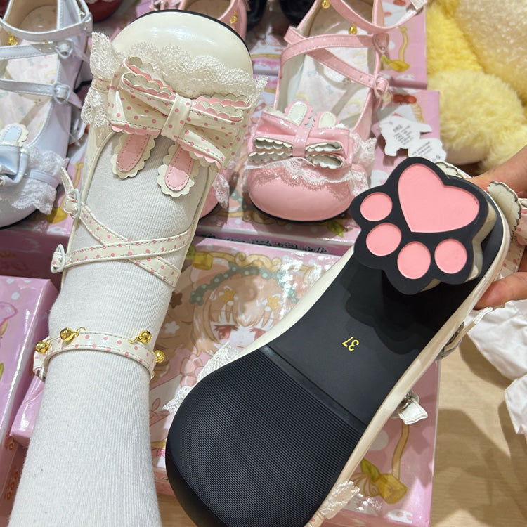 Rabbit Accent Bow Cross-Strap Mid-Heel Lolita Shoes with Cat Paw Heels and Ankle Bells