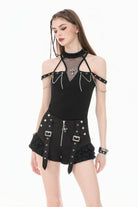 Black Women's Gothic Cross Halterneck Cut-Out Mesh Chain-Decorated Eyelet Tank Top