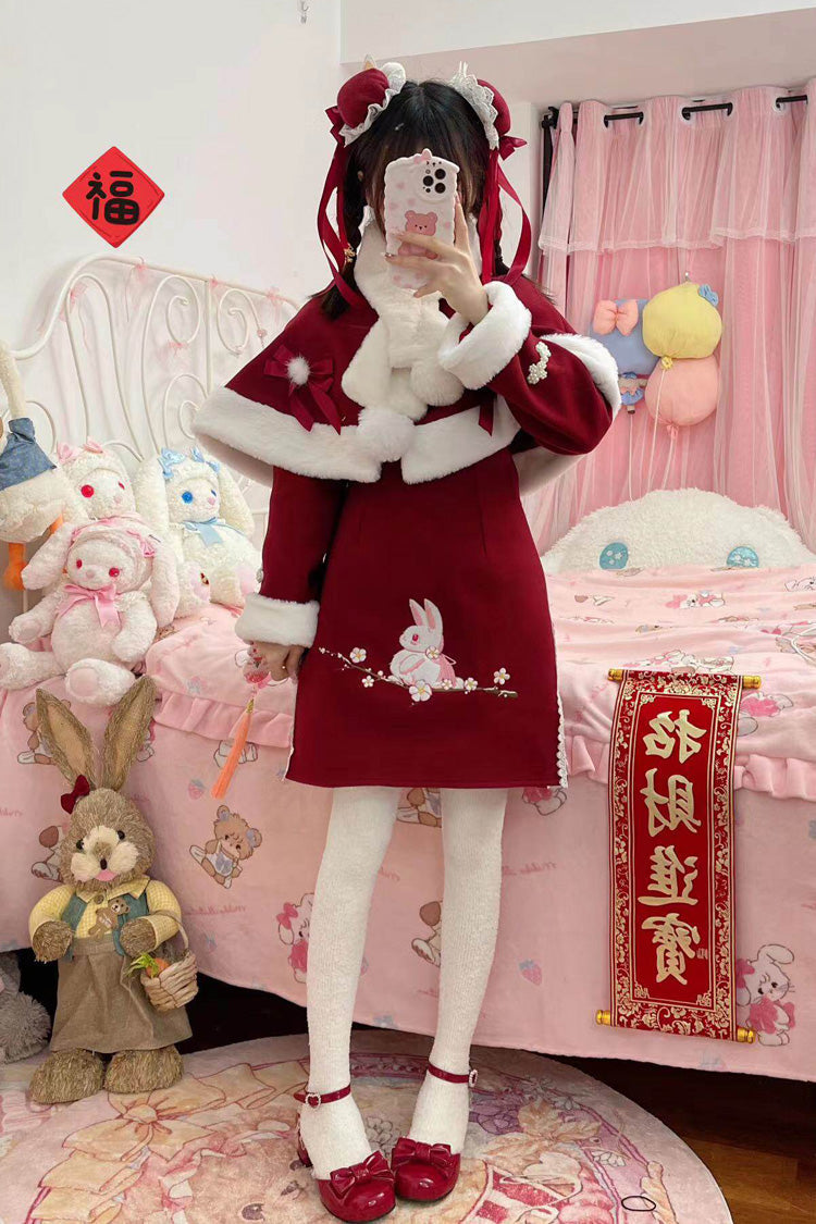 Red [New Year] Rabbit Printed Embroidered Bow Sweet Chinese Style Lolita Dress