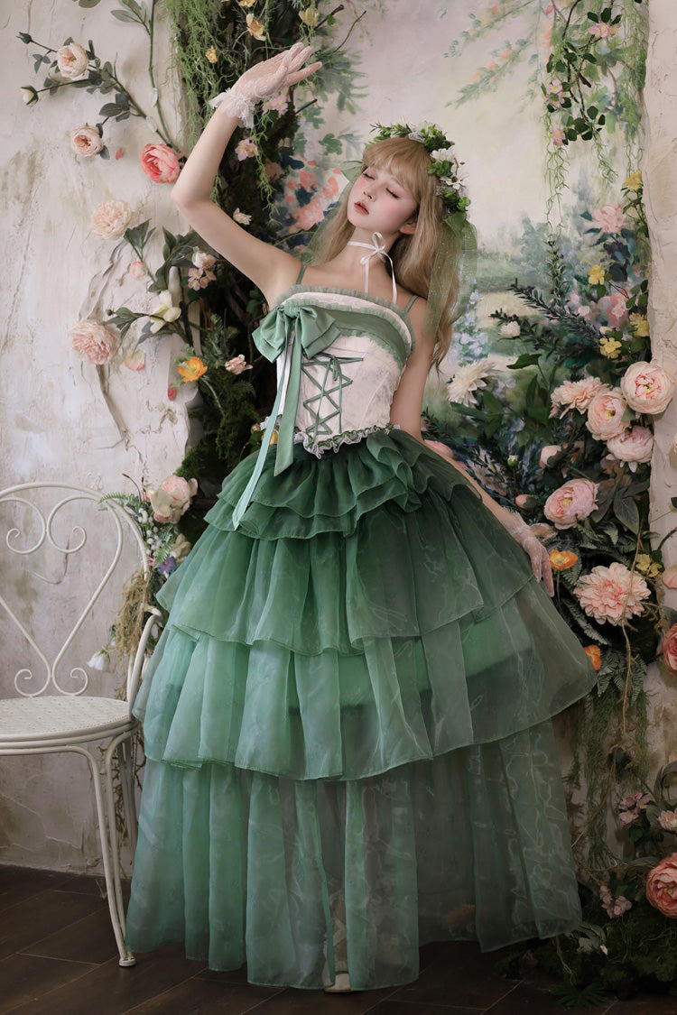 Green [Lily of the Valley in Falling Snow] Sleeveless Triple-Layered Ruffled Bow Lace-Up Sweet Elegant Lolita Skirt Dress Set