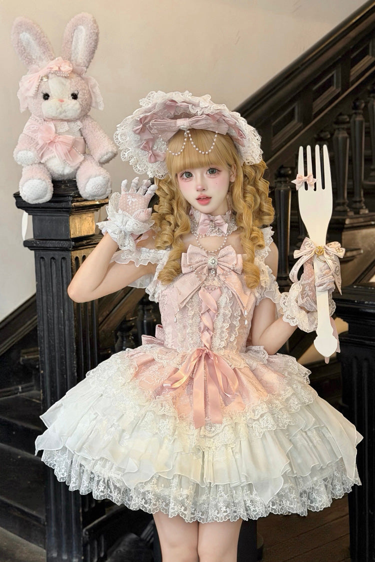 Pink [Pearl Ballet] Square Collar Sleeveless Multi-Layered Ruffled Bow Lace-Up Pearl-Decorated Sweet Ballet Lolita Jsk Dress