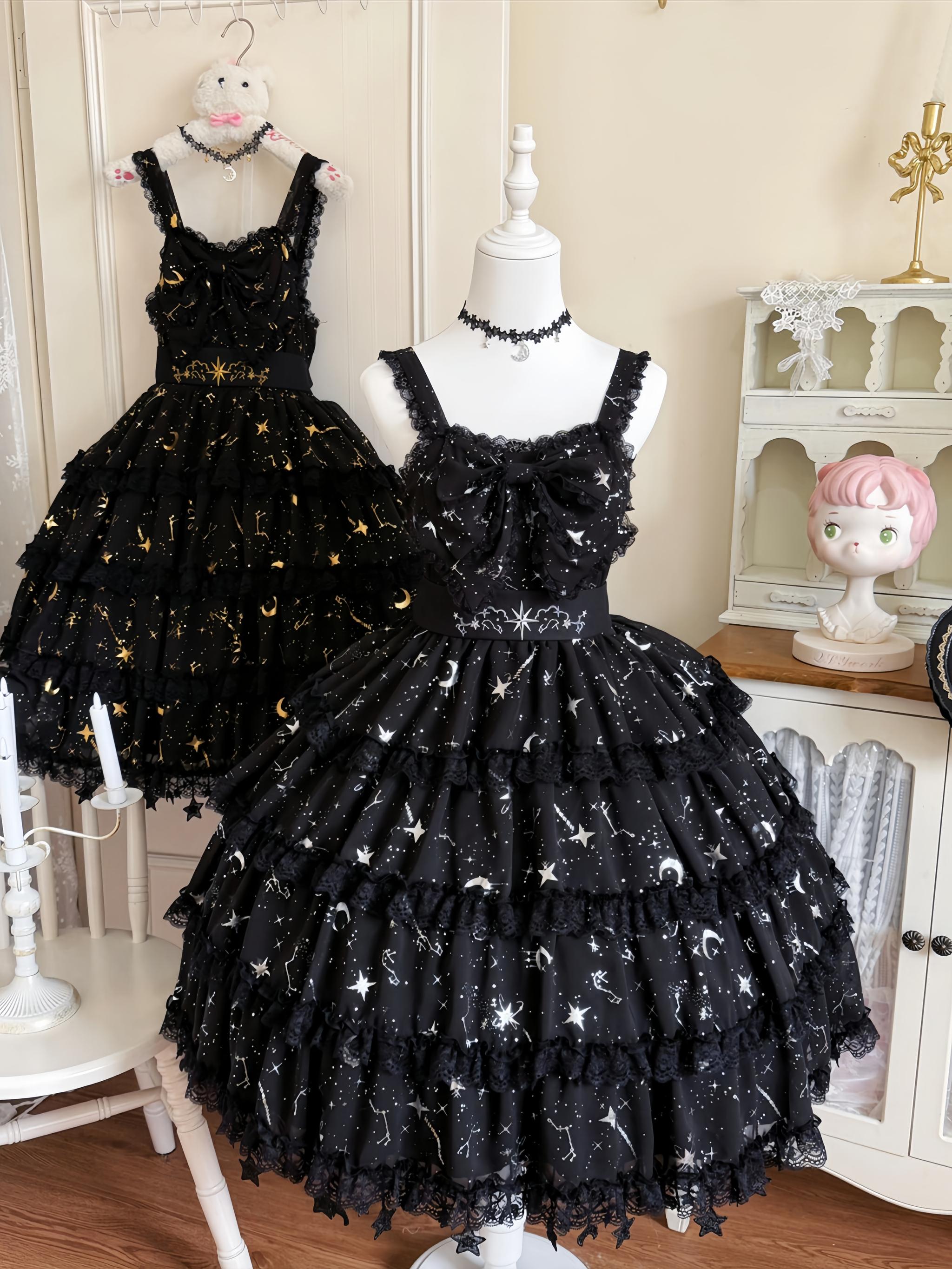 Twin Stars - Classic Lolita Chiffon JSK Dress, Star & Moon Stamping