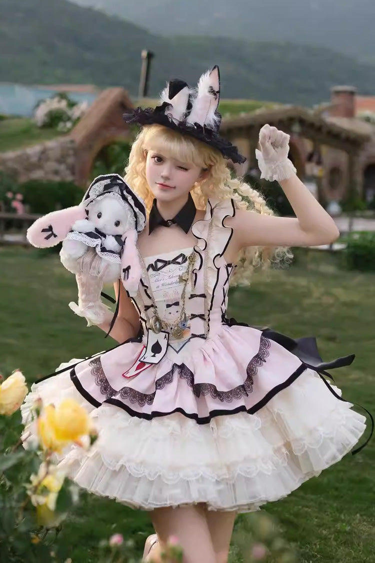 [Binky Bunny Magic] Square Collar Sleeveless Multi-Layered Ruffled Bow Lace Sweet Lolita Jsk Dress 2 Colors
