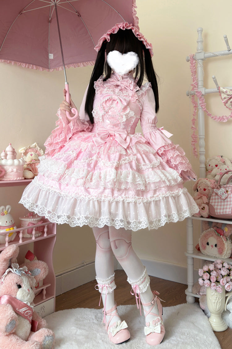 Pink [Love and Heart Flutter] Sleeveless Multi-Layered Ruffle Bowknot Lace Pearl Sweet Lolita Jsk Dress