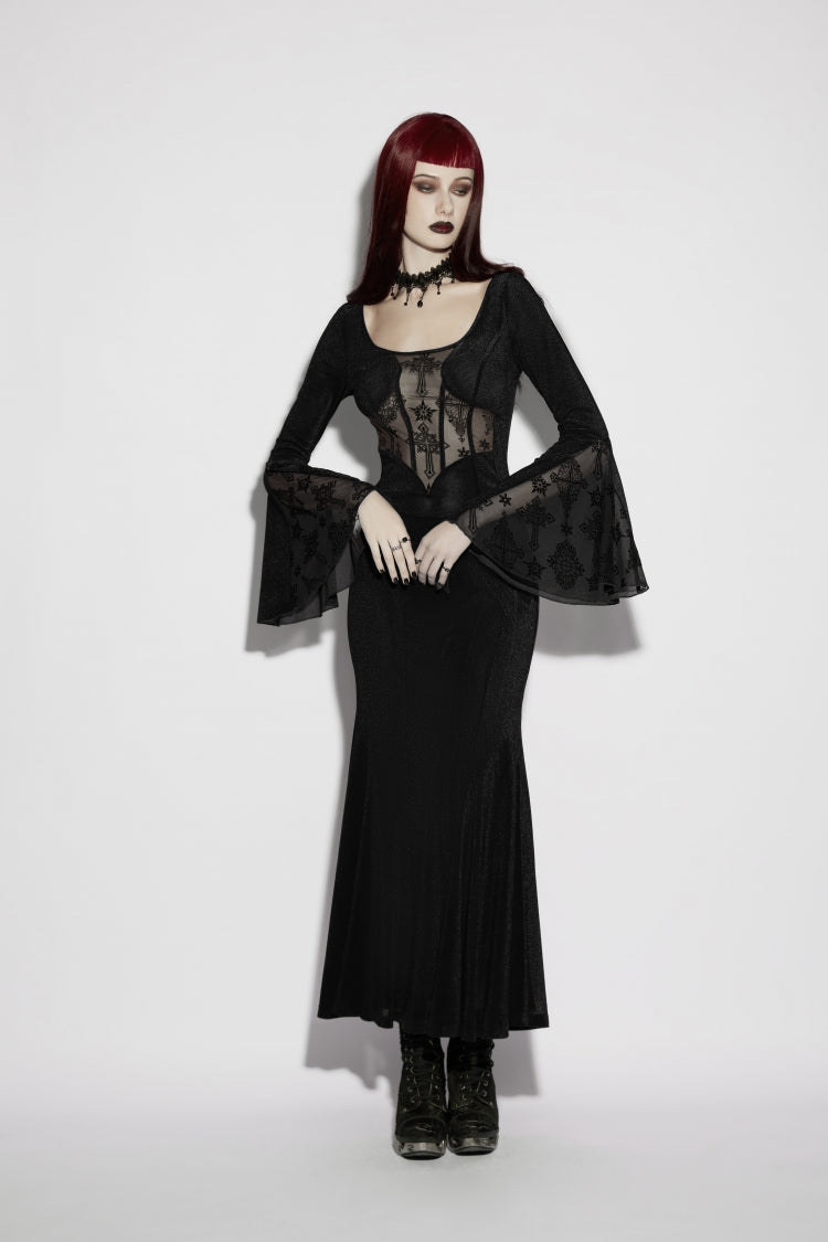 Black Round Collar Long Trumpet Sleeves Spliced Lace Lace-Up Slim Mesh Eyelet Women's Gothic Gorgeous Dress Graduation Dress
