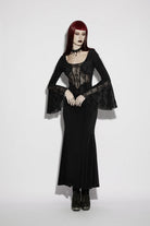 Black Round Collar Long Trumpet Sleeves Spliced Lace Lace-Up Slim Mesh Eyelet Women's Gothic Gorgeous Dress Graduation Dress