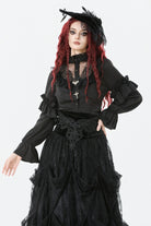 Black Sheer Stand Collar Ruffled Long Lantern Sleeves Women's Gothic Blouse