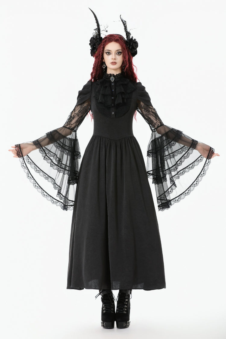 Black Stand Collar Trumpet Sleeves Multi-Layered Ruffled Lace Lace-Up Women's Gothic Wedding Dress