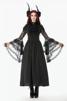 Black Stand Collar Trumpet Sleeves Multi-Layered Ruffled Lace Lace-Up Women's Gothic Wedding Dress