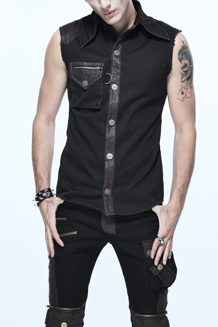 Black Twill Brown One Shoulder Armor Heat Seal Hasp Sleeveless Men's Punk Shirt