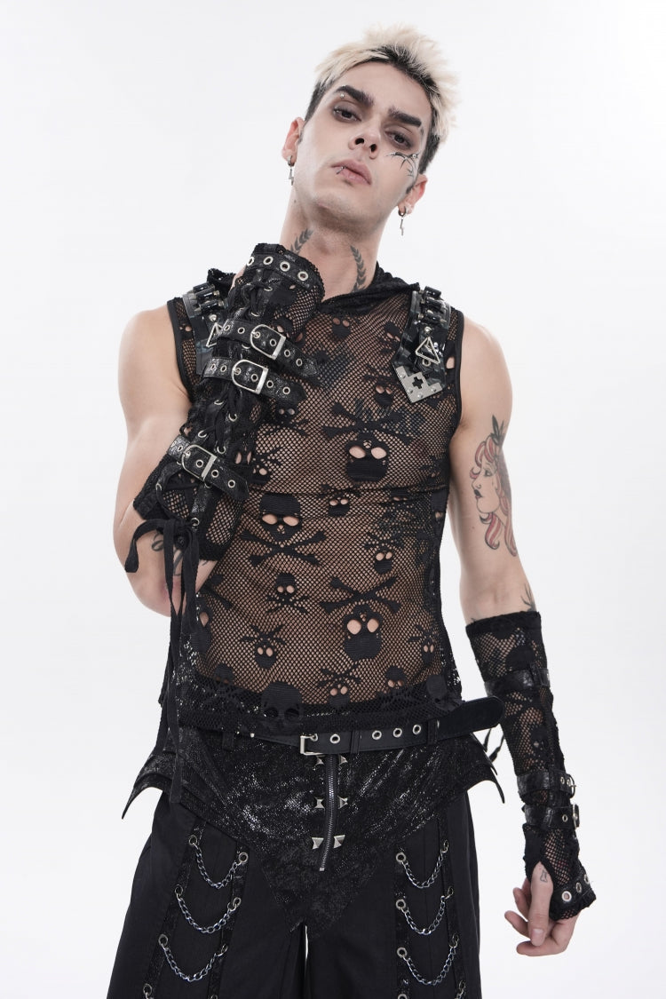 Black Sleeveless Slim  Skull Hooded Mesh Eyelet Men's Punk Cool Vest