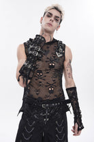 Black Sleeveless Slim  Skull Hooded Mesh Eyelet Men's Punk Cool Vest