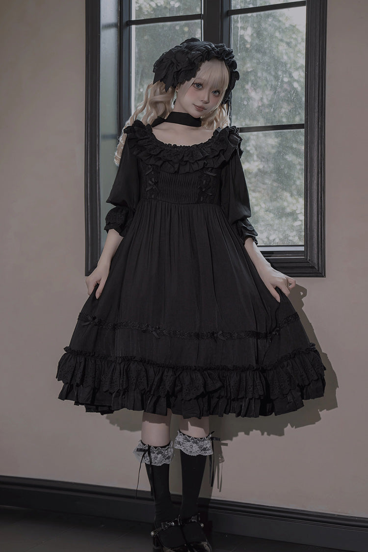 Black [Good Morning] Short Sleeves Ruffle Bowknot Lace-Up Gothic Lolita Dress