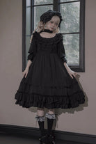 Black [Good Morning] Short Sleeves Ruffle Bowknot Lace-Up Gothic Lolita Dress