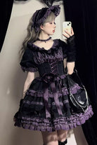 Black/Purple [Layered Blackcurrant] Short Sleeves Ruffle Bowknot Lace Sweet Lolita Dress