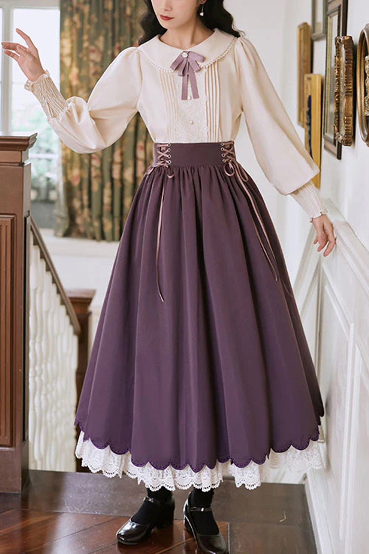 Solid Color High Waisted Lace Wave Hem Two Pieces Classic Lolita Dress