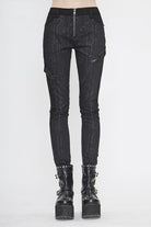 Black Punk Circuit Printed Leather Loops Womens Pants