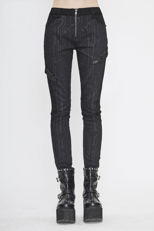 Black Punk Circuit Printed Leather Loops Womens Pants