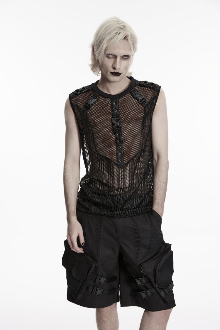 Black Round Collar Sleeveless Cut-Out Mesh Buckled Eyelet Men's Punk Vest