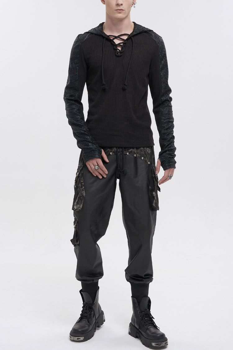 Black Trendy Dark Tether V-Neck Panel Knit Hooded Men's Punk T-Shirt