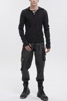 Black Trendy Dark Tether V-Neck Panel Knit Hooded Men's Punk T-Shirt