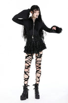 Black Layered Lace Mesh Lace-Up Zippered Women's Punk Mini Skirt