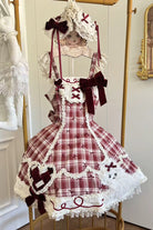 Red Square Collar Sleeveless Plaid Printed Bow Spliced Lace Sweet Lolita Jsk Dress Set