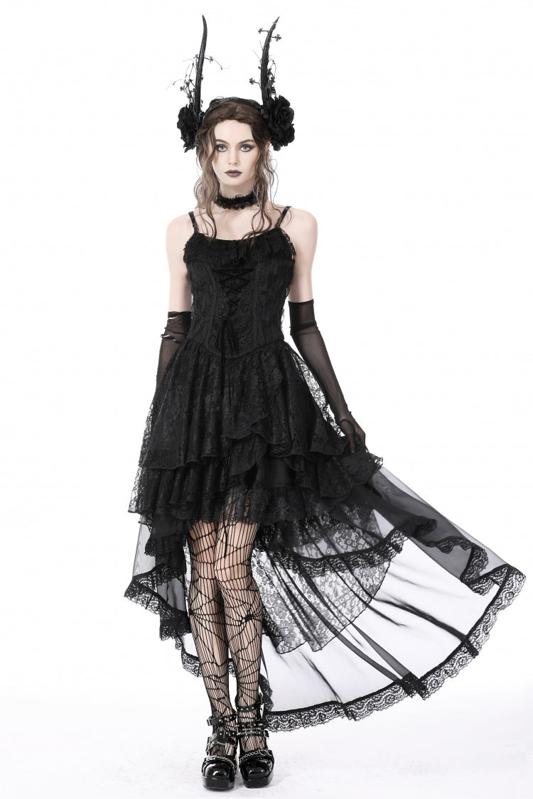 Black Sleeveless Irregular High Low Multi-Layered Lace Lace-Up Women's Gothic Slip Dress