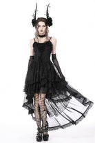 Black Sleeveless Irregular High Low Multi-Layered Lace Lace-Up Women's Gothic Slip Dress
