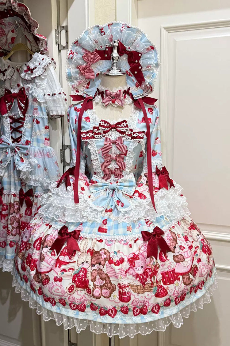 Blue/Red [Sweet Berry Bunny Bear] Half Sleeves Printed Bow Lace Lace-Up Sweet Lolita OP Dress