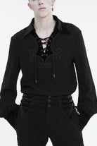 Black Embroidered Chest With Drawstring Strappy Puff Sleeved Men's Gothic Shirt