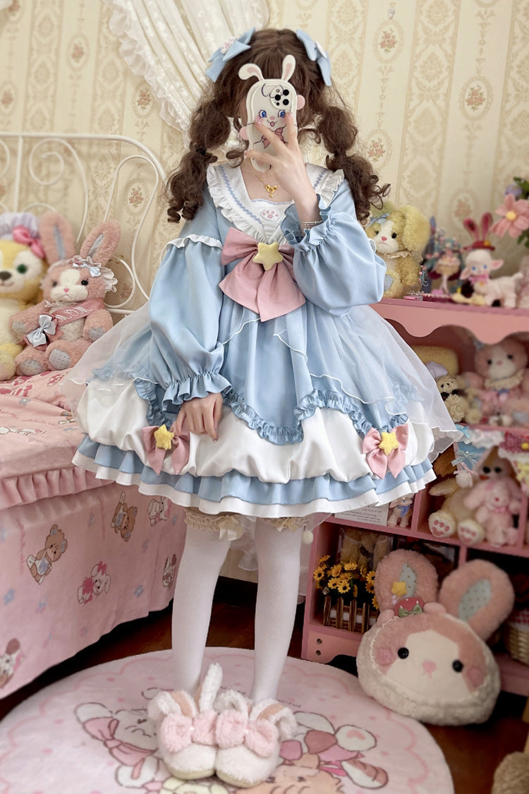 [Pray Star] Long Sleeves Double-Layered Ruffle Bowknot Stitching Lace Sweet Lolita Dress 5 Colors