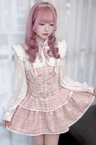 Pink Plaid Printed Pearl-Decorated Sweet Jirai Kei Japanese Strap Dress Set