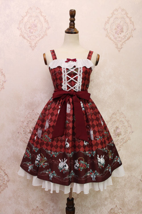 Strawberry Bunny Print Bowknot Ruffled Sweet Lolita JSK Dress 4 Colors