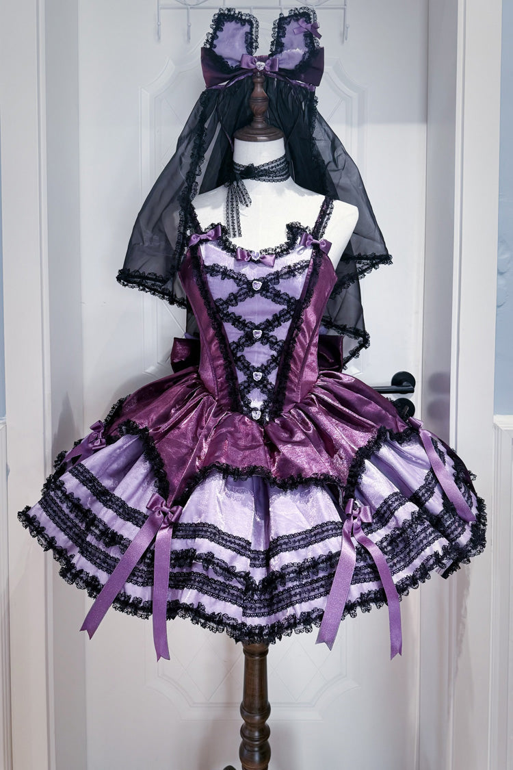 Purple [Jasmine Rain] Square Collar Sleeveless Triple-Layered Polka Dot Printed Ruffled Bow Lace Sweet Lolita Jsk Dress