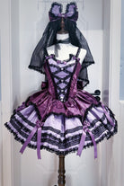 Purple [Jasmine Rain] Square Collar Sleeveless Triple-Layered Polka Dot Printed Ruffled Bow Lace Sweet Lolita Jsk Dress