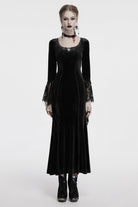 Black Long Sleeves Floral Embroidery Stitching Lace Women's Gothic Gown Dress