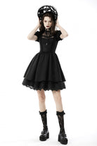 Black Tulle Lace Stand Collar Short Puff Sleeves Women's Lolita Gothic Doll Dress