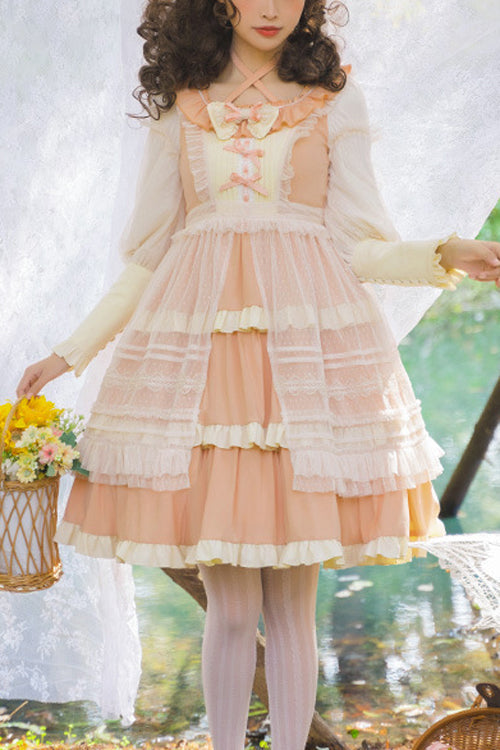 Round Collar Long Sleeve High Waist Multi-Layer Ruffled Sweet Lolita OP Dress