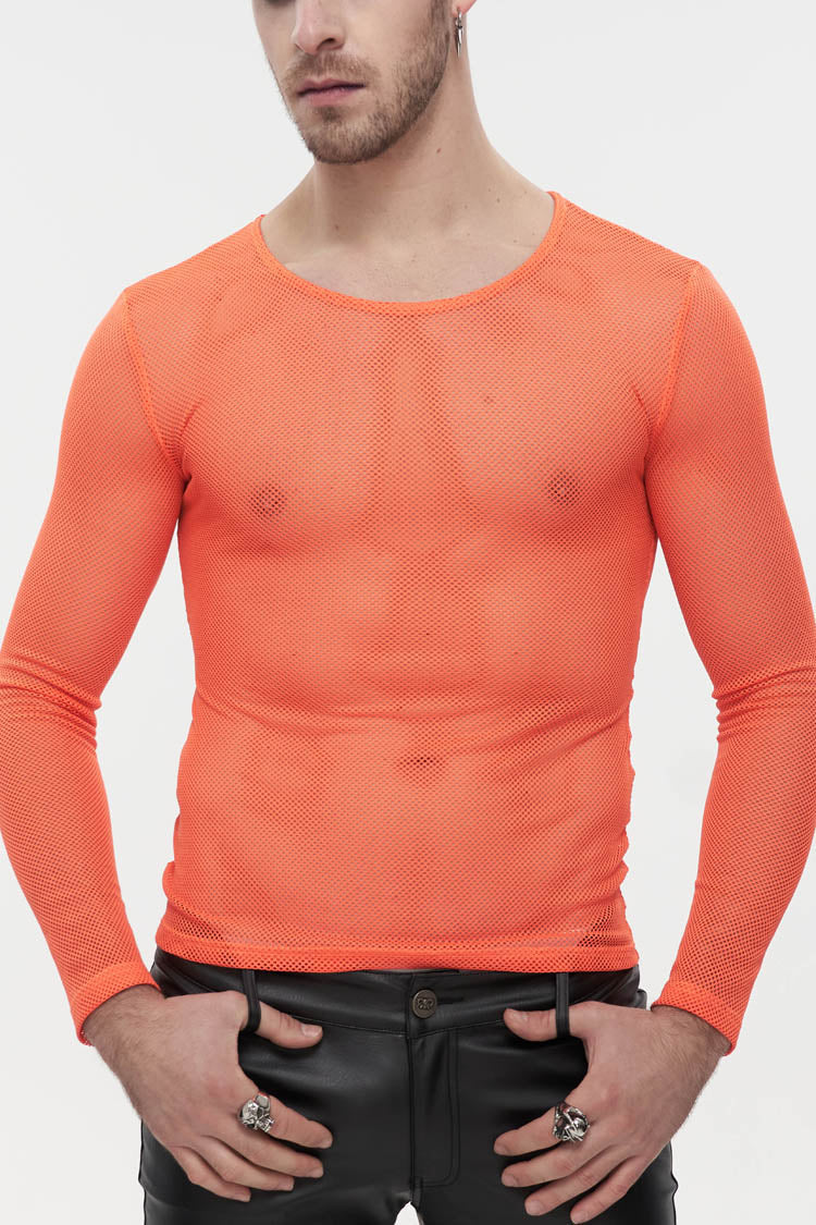 Orange Elasticity High Neck Long Sleeve Mesh Men's Gothic T-Shirt