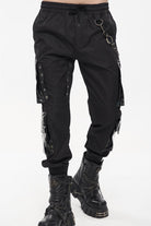 Black Punk Multi Pocket Splicing Illusory Color Removable Metal Left Chain Design Cargo Men's Pants