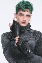 Black Studded Buckled Men's Punk Accessory Faux Leather Half-finger Gloves