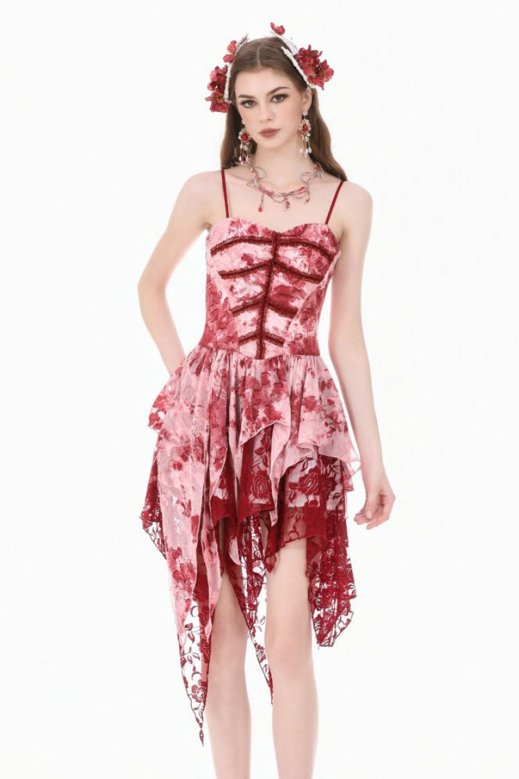 Red/White Multi-Layered Asymmetric Tie-dyed Women's Gothic Slip Dress