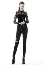 Black Off Shoulder Long Sleeves Mesh Crossed Harness Straps Eyelet Sexy Women's Punk Top