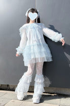 Blue [Sea Salt Soda] Navy Collar Long Sleeves Multi-Layered Ruffled Lace Sheer Jirai Kei Dress
