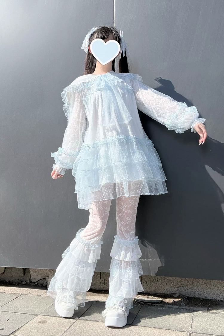Blue [Sea Salt Soda] Navy Collar Long Sleeves Multi-Layered Ruffled Lace Sheer Jirai Kei Dress