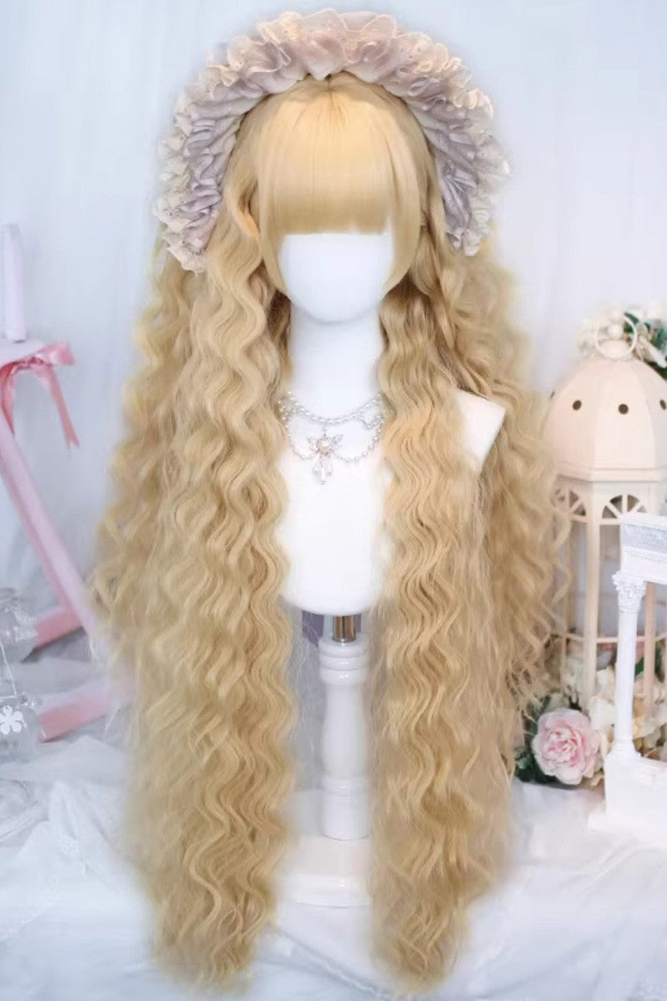 Light Gold Roman Ringlet Curls Long Wig with Blunt Bangs Sweet Lolita Style